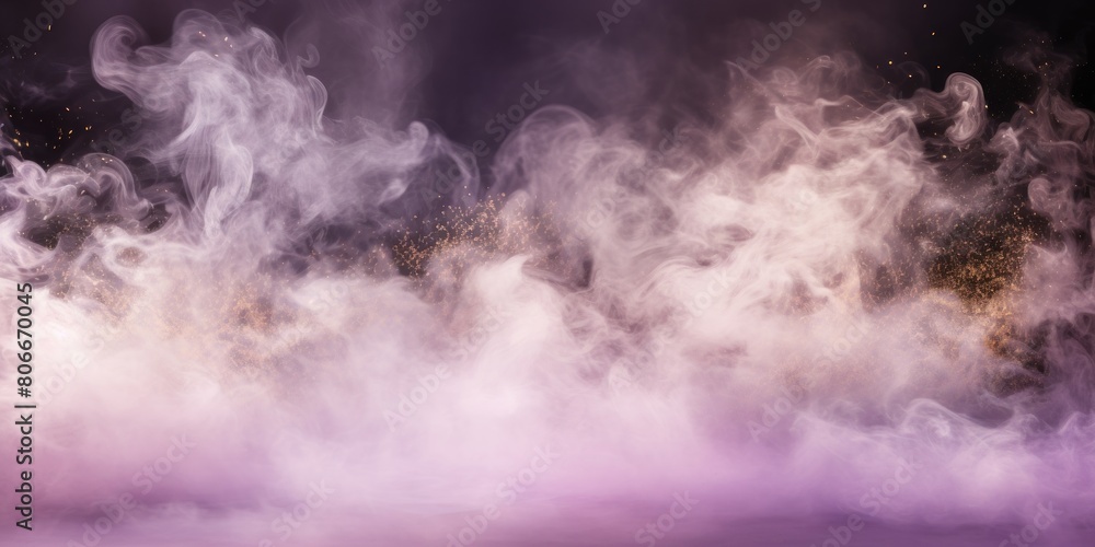 Lavender smoke empty scene background with spotlights mist fog with gold glitter sparkle stage studio interior texture for display products blank 