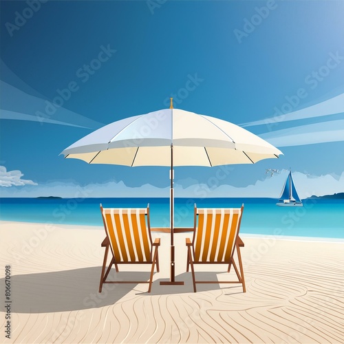 beach chairs and umbrella beach banner tranquil coastal landscape with pristine white sands  furnished with inviting chairs and a vibrant umbrella 