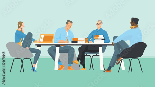 Business People Meeting Discussing Office Desk Businesspeople Working Flat Vector Illustration