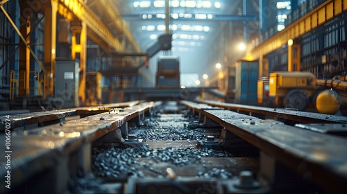 Industrial Rail Yard at Dusk with Ambient Lighting,Dramatic perspective of an industrial rail yard at dusk, highlighted by ambient lighting and detailed with heavy machinery and tracks.

 photo