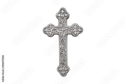 A silver vintage rosary on white background. Easter festival. Faith. Christian. Jesus