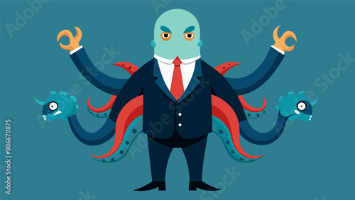 A solitary octopus puffing up its body to resemble a fearering politician using its many arms to manipulate and control the other creatures..