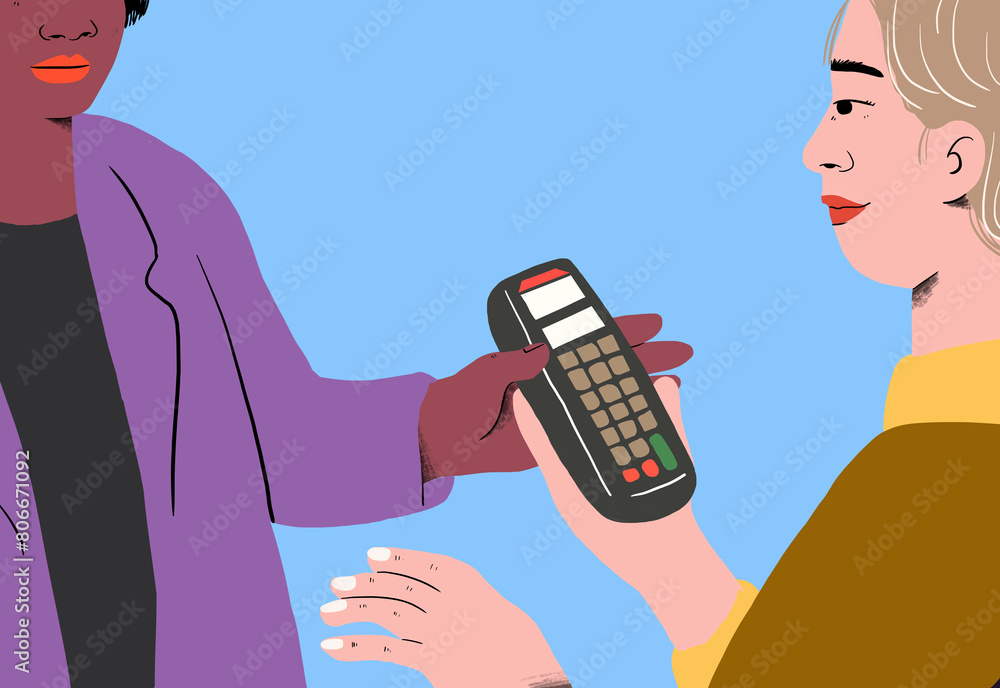 Businesswoman doing contactless payment against blue background Businesswoman doing contactless payment against blue background