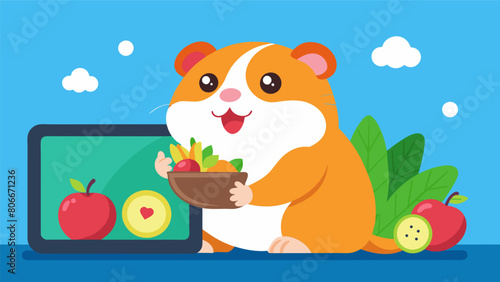 A guinea pig happily munching on virtual fruits and vegetables on a tablet with the caption Treat your cavy to our engaging app – food included. Vector illustration
