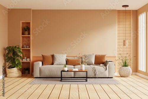 Bright and cozy modern living room interior have sofa and plant with brown wall- 3D rendering
