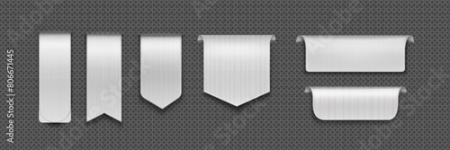 Silver ribbon bookmark. Satin flag tag banner. Vertical silk badge to offer promotion on book. Straight fabric promo label template. Blank header sticker shape mockup for product package or ad