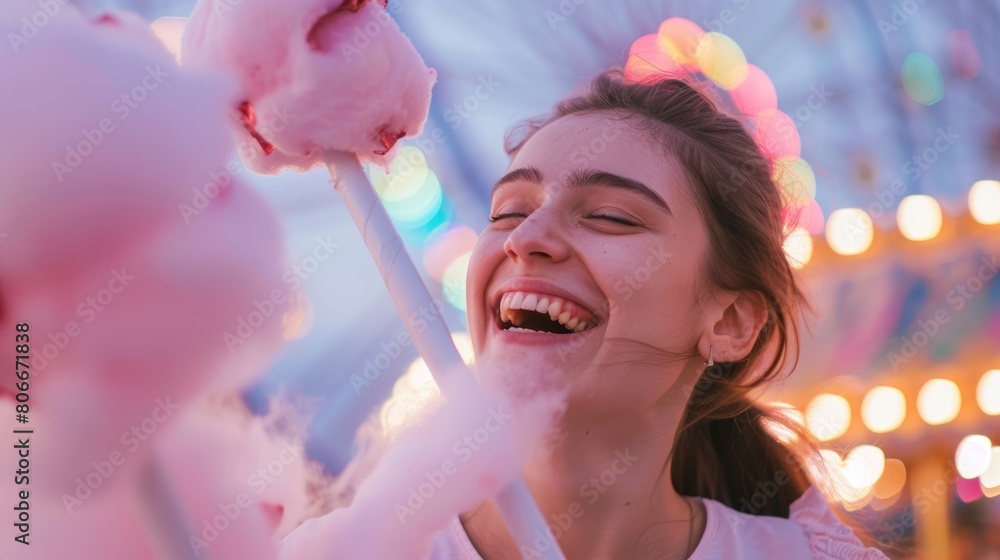 The woman, with a smile on her face and violet cotton candy in hand, is enjoying the carnival event, happy and having fun while her eyelashes flutter with excitement AIG50
