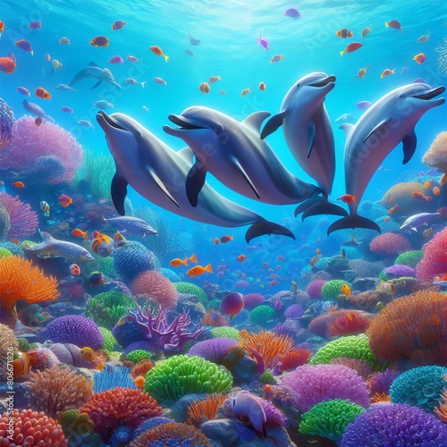 A playful pod of dolphins dances through a vibrant coral reef teeming with colorful fish