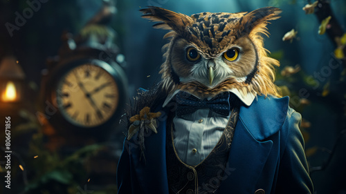 a sophisticated owl in a tailored waistcoat  complete with a pocket watch