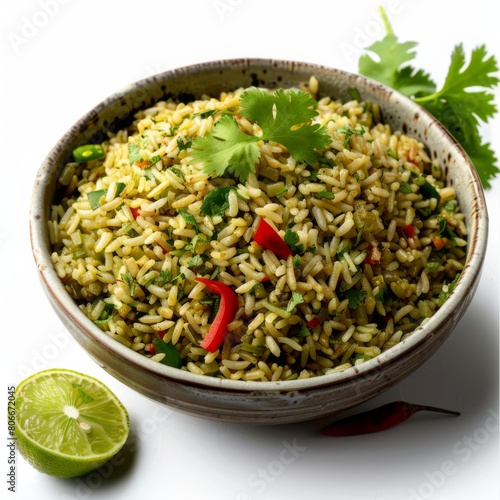A bowl filled with rice topped with fresh cilantro leaves