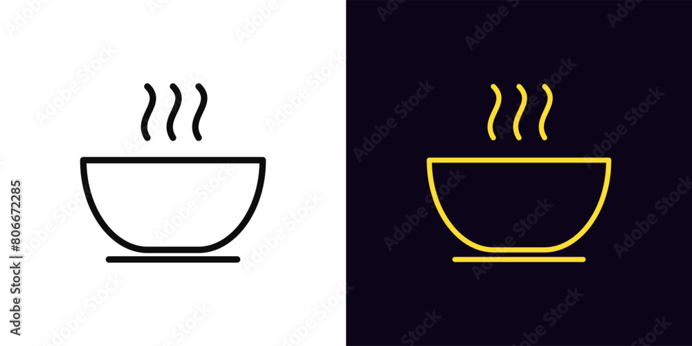 Outline hot soup icon, with editable stroke. Bowl soup sign with steam. Bowl with hot dish, soup meal with yummy smell, breakfast and lunch food, hot dinner menu, recipe for cooking. Vector icon Outline hot soup icon, with editable stroke. Bowl soup sign with steam. Bowl with hot dish, soup meal with yummy smell, breakfast and lunch food, hot dinner menu, recipe for cooking. Vector icon