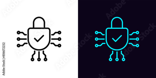 Outline digital lock icon, with editable stroke. Digital lock with tick sign. Reliable cyber security, digital data protection, safety policy, secure service, cyber guard technology. Vector icon