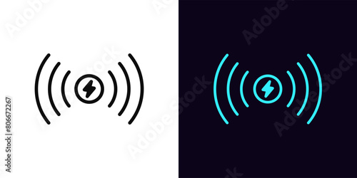 Outline electric charging point icon, with editable stroke. Wireless charge place with lightning sign and waves. Dock station, wireless electromagnetic charger for charging battery device. Vector icon