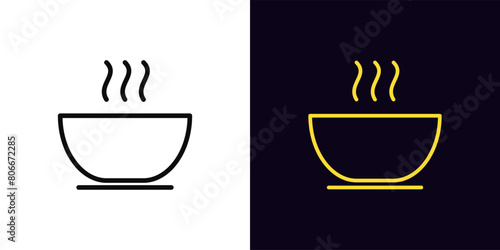 Outline hot soup icon, with editable stroke. Bowl soup sign with steam. Bowl with hot dish, soup meal with yummy smell, breakfast and lunch food, hot dinner menu, recipe for cooking. Vector icon