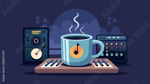 The sound engineers favorite mug sits on the desk filled with steaming coffee to keep them energized during long nights. Vector illustration