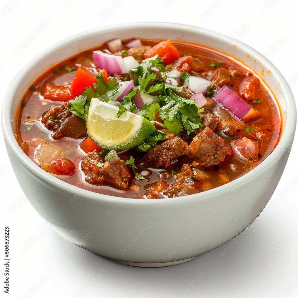 A white bowl filled with traditional Mexican Caldo de Res soup, showcasing a mix of meat and vegetables A white bowl filled with traditional Mexican Caldo de Res soup, showcasing a mix of meat and vegetables