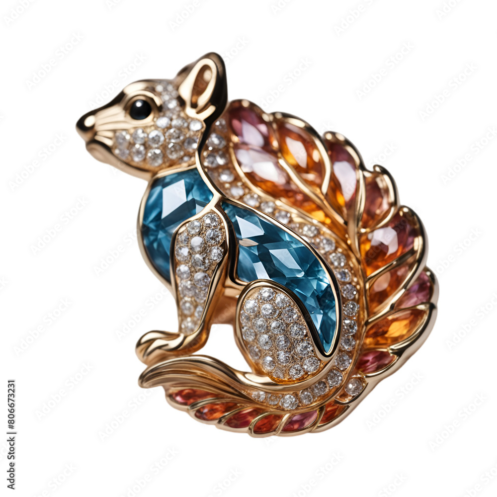 Fototapeta premium Brooch of a squirrel with a colorful crystal decoration transparent background generative ai