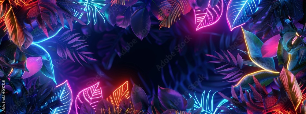 Glowing neon leaves frame on dark background, modern design vacation party banner