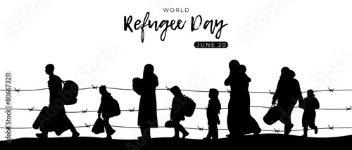 World Refugee Day.Horizontal banner with silhouettes of refugees.Vector illustration.