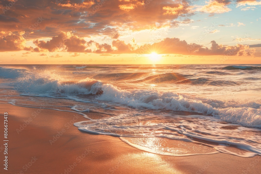 Golden waves gently lapping on sandy beach at sunset