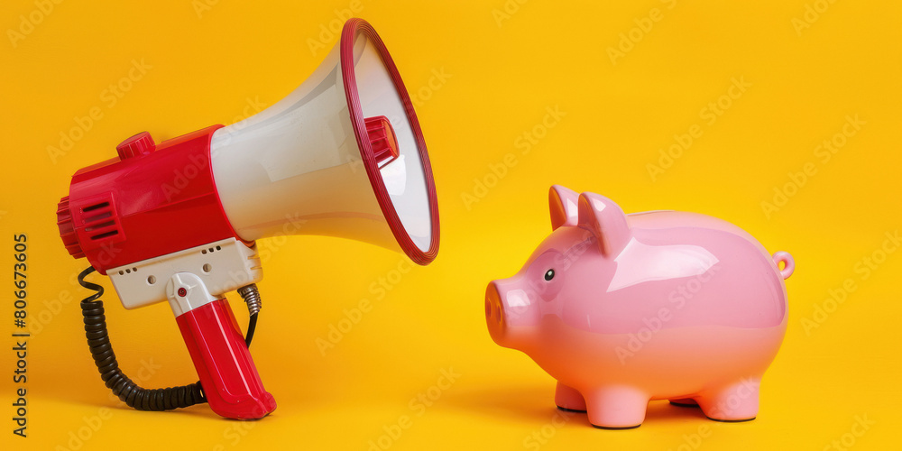 Naklejka premium megaphone and piggy bank on yellow background
