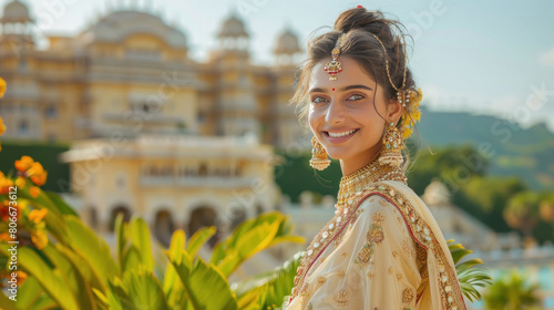 beautiful indian woman standing on royal palace background photo