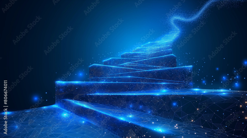The concept of the path to success on a blue background. Staircase up in a futuristic polygonal style. Digital path abstract vector illustration.