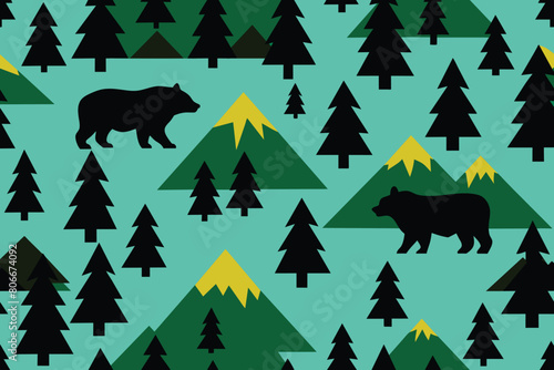 vector mountains forest woodland background texture seamless pattern with black bear