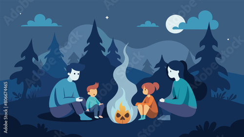 A family sits around a campfire the fog surrounding them heightening their fear as they listen to ghost stories and imagine creatures lurking just.