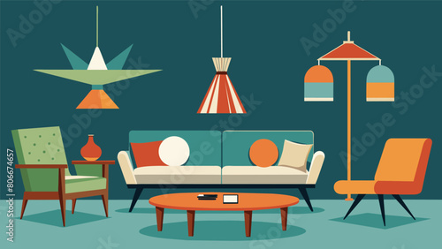 A treasure trove of midcentury modern furniture including sleek geometric coffee tables funky lamps and retro velvet sofas.. Vector illustration