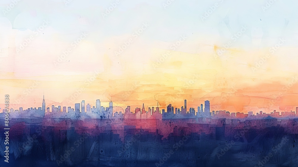 Naklejka premium Minimalist watercolor of a distant city skyline at dawn, the horizon bathed in gentle light to relax and welcome patients to the clinic