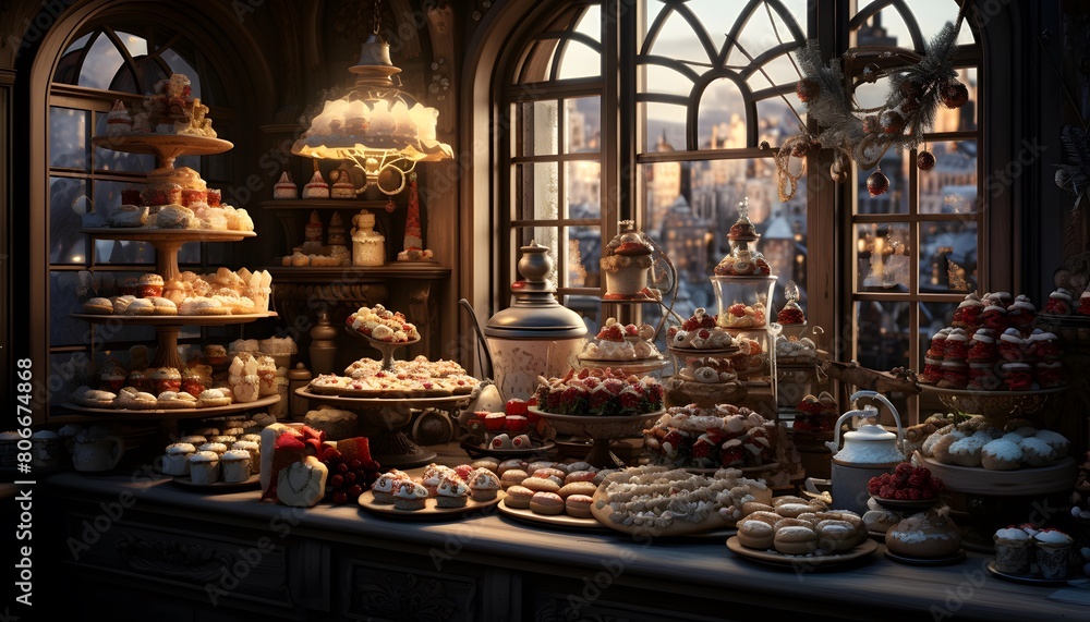Delicious cakes and pastries on the counter of a shop window