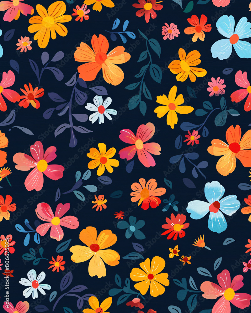 Colorful floral pattern on a dark, blush flowers elements, green leaves branches on dark black background for wrappers, wallpapers, postcards, greeting cards