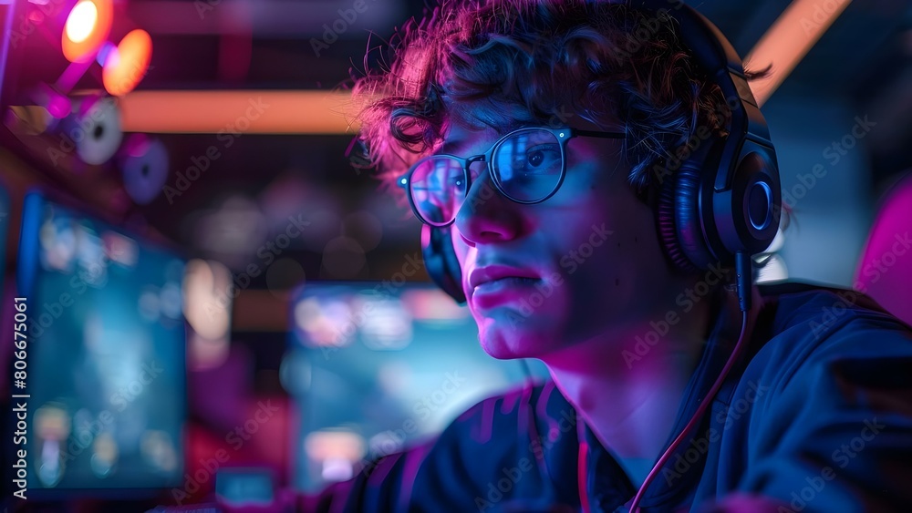 Fototapeta premium Gamer streaming online games in a neon-lit studio, wearing headphones and glasses. Concept Online Gaming, Live Streaming, Neon Lights, Headphones, Gamer Fashion