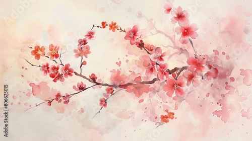 Minimalist watercolor of cherry blossoms against a soft pastel sky  the simplicity and grace of the scene promoting a peaceful environment