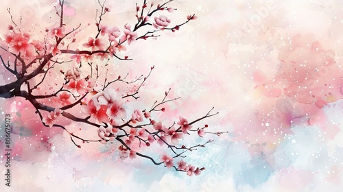 Minimalist watercolor of cherry blossoms against a soft pastel sky, the simplicity and grace of the scene promoting a peaceful environment