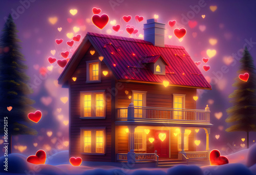A cozy house with a lit window and heart decorations with beautiful lights on the background