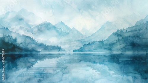 Serene watercolor of a misty mountain vista, the cool, muted tones providing a backdrop of tranquility and beauty for dental patients