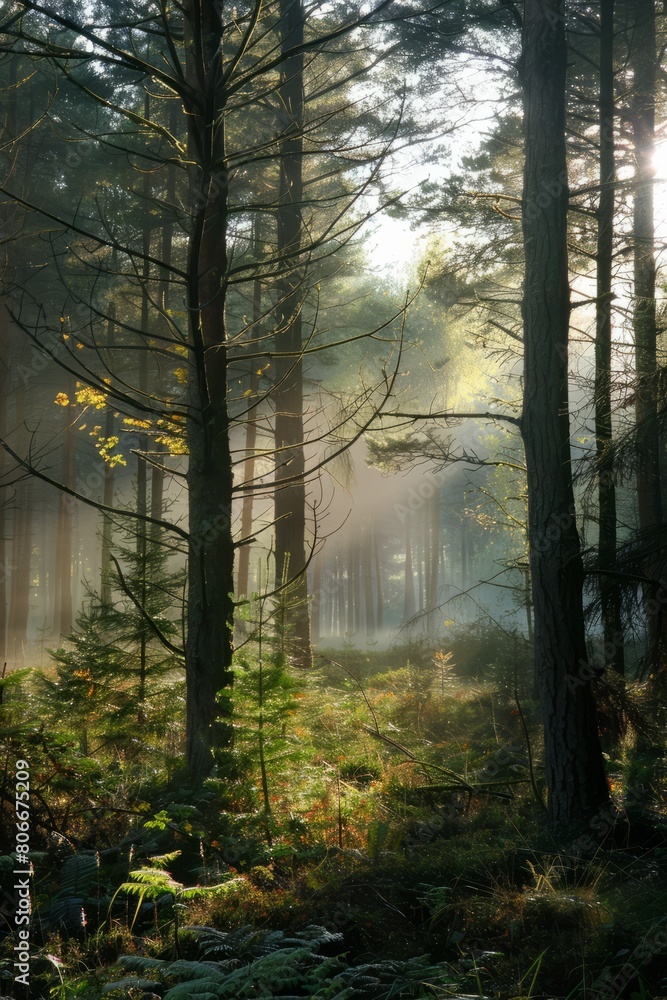 Fototapeta premium Journey into the heart of the wilderness at dawn, with the forest coming alive with the sounds of awakening wildlife and the air filled, Generative AI