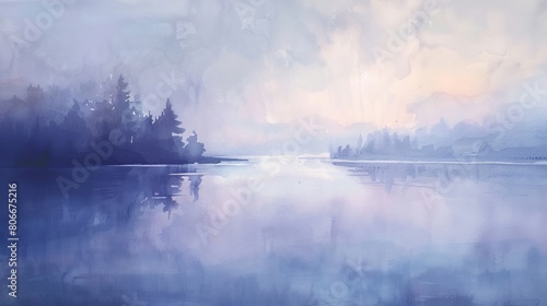 Soothing watercolor of a soft twilight over a calm lake, the subtle gradations of blue and purple creating a relaxing backdrop © Alpha