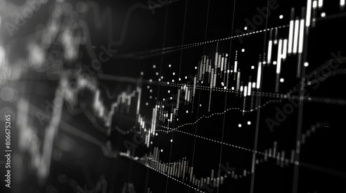 Widescreen abstract financial chart with uptrend line graph and candlestick on black and white color background, business background photo
