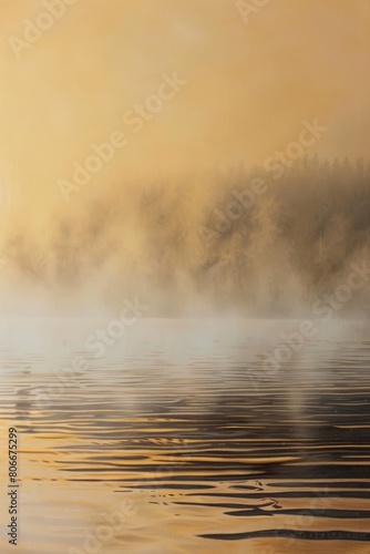 Lose yourself in the serene tranquility of dawn on a mist-covered lake, with the first light of day painting the water in shades of gold, Generative AI