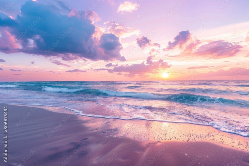 Pastel ocean waves on sandy shore at sunrise