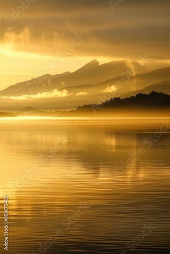 Lose yourself in the serene tranquility of dawn on a mist-covered lake, with the first light of day painting the water in shades of gold, Generative AI