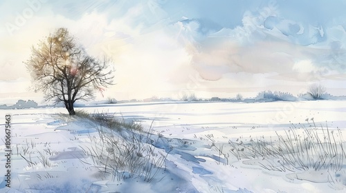 Tranquil watercolor of an open field under a clear sky, the simplicity of the scene fostering a sense of openness and relaxation
