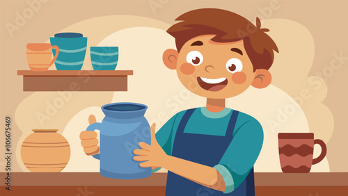 A young boy excitedly shows off the mug he made in art class explaining the process of firing and glazing to anyone who will listen..