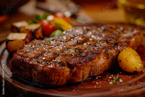 appetizing grilled steak on a white plate in a restaurant, blurred background. closeup