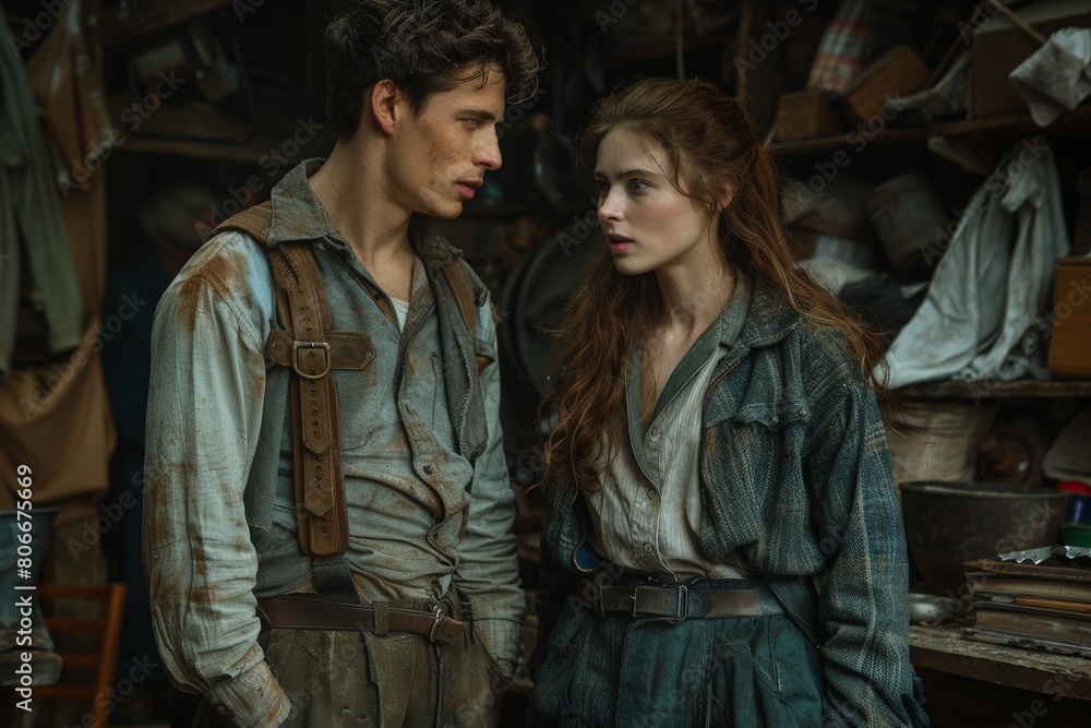 Obraz premium Historical drama scene, young couple in rustic setting