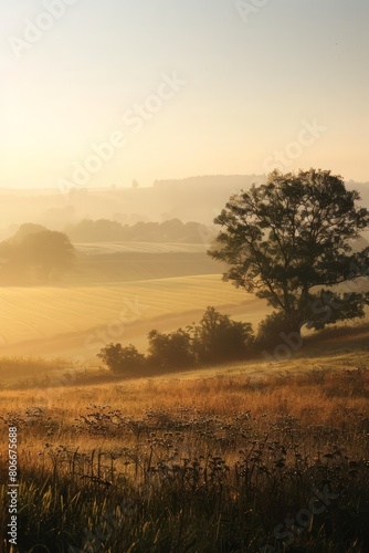 Lose yourself in the serene tranquility of dawn on a mist-covered lake, with the first light of day painting the water in shades of gold, Generative AI