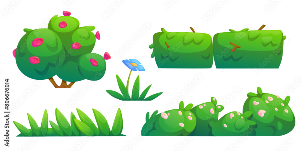 Fototapeta premium Spring grass border. Isolated plant and flower. Green field lawn for garden or forest meadow at springtime. Cute nature bush flora drawing horizontal fence. Foliage hedge decoration for environment